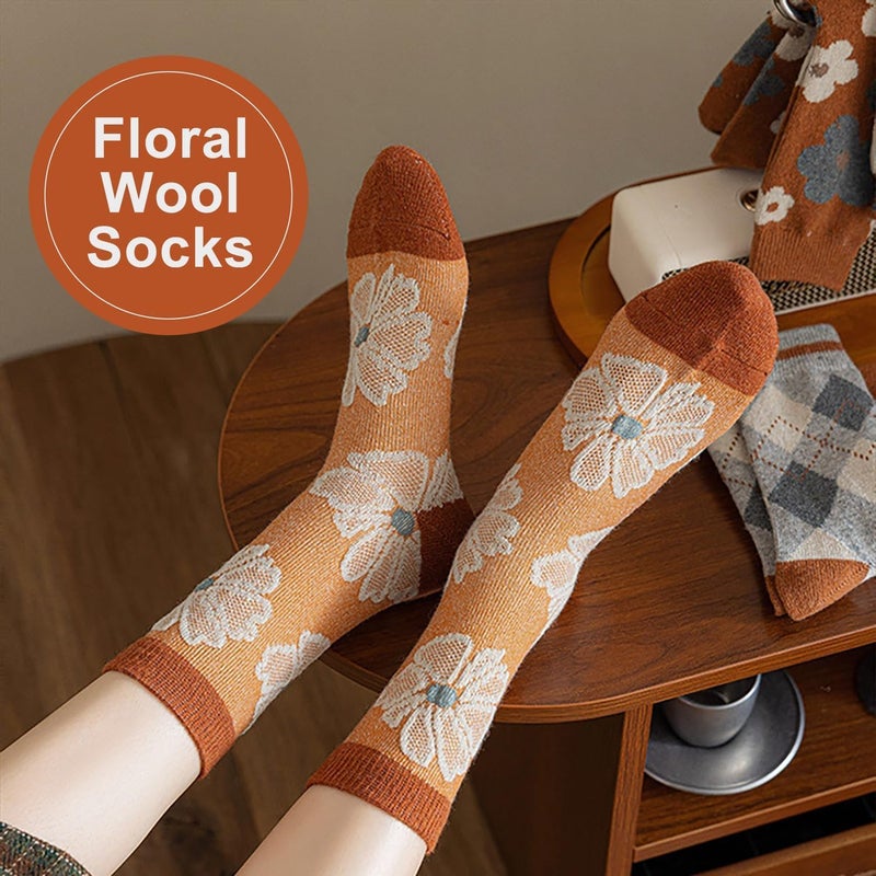 MarJunSep Wool Fall Boot Socks Women Teen Girls Thick Knit Vintage Cute Floral Cottage Core Boho Winter Warm Crew Socks - Image 3